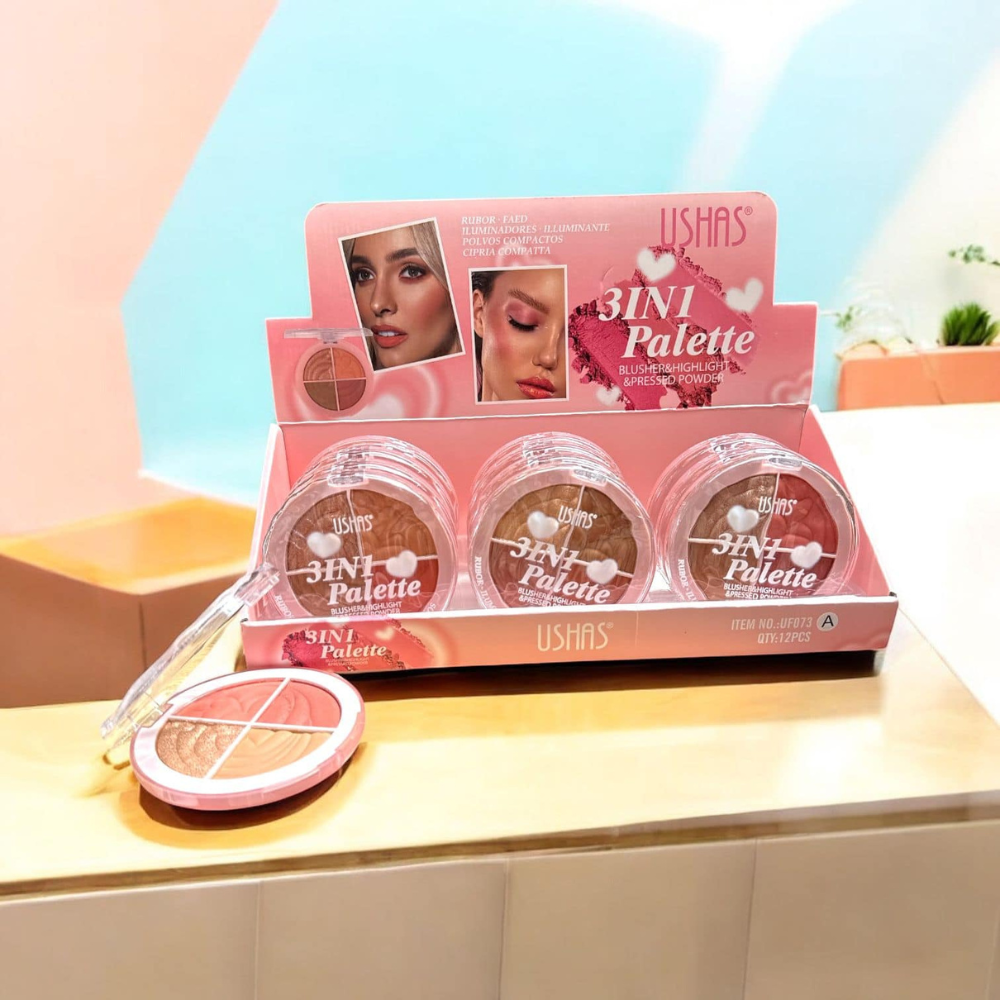Paleta 3 in 1 Ushas Blush Iluminator Pudra Compacta – finisaj natural si luminos