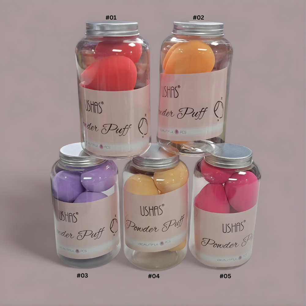 Set buretei machiaj USHAS CT597 Powder Puff in borcan reutilizabil pentru fond de ten pudra si corector