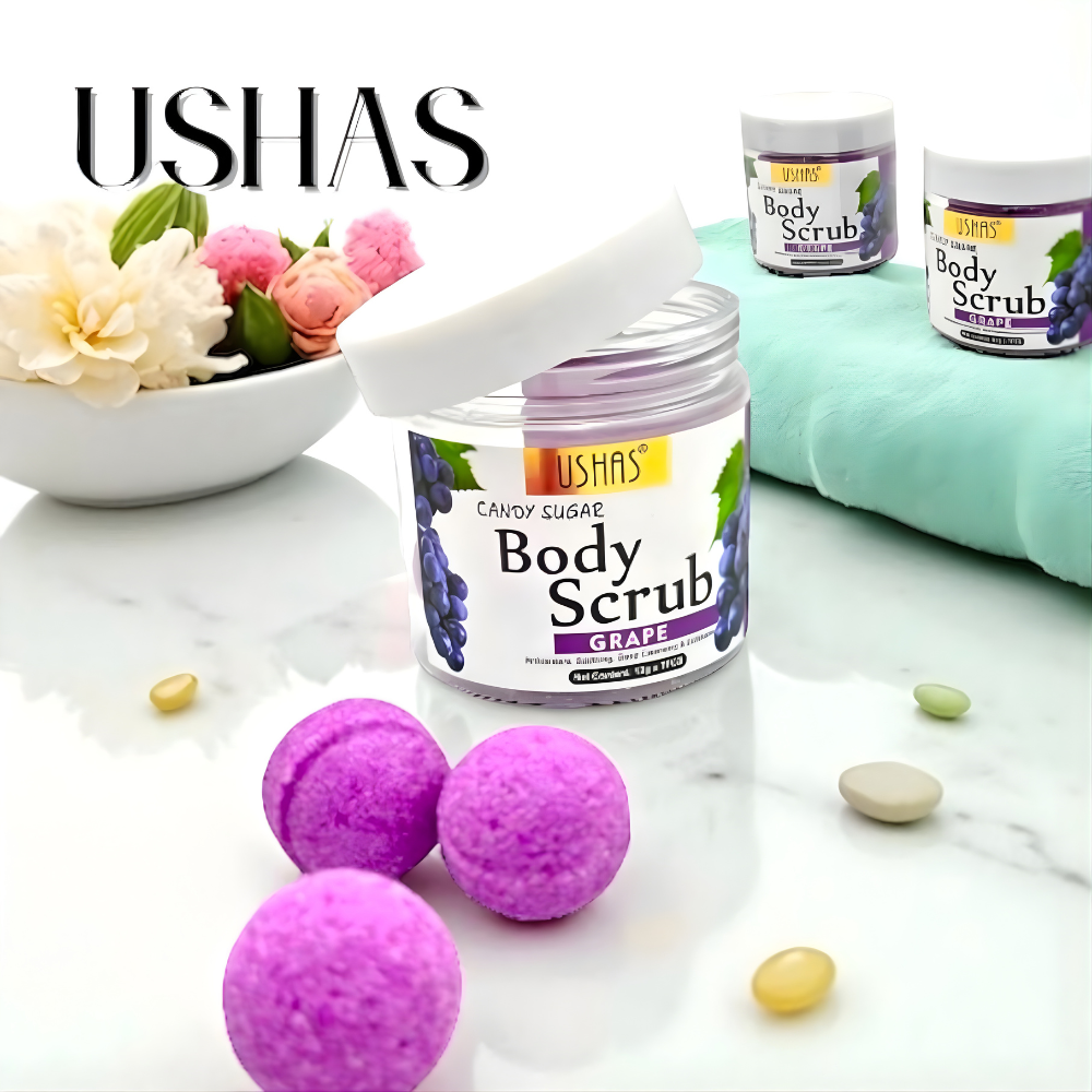 Ushas Body Scrub Candy Sugar cu Piersica – Exfoliere Delicata si Hidratare