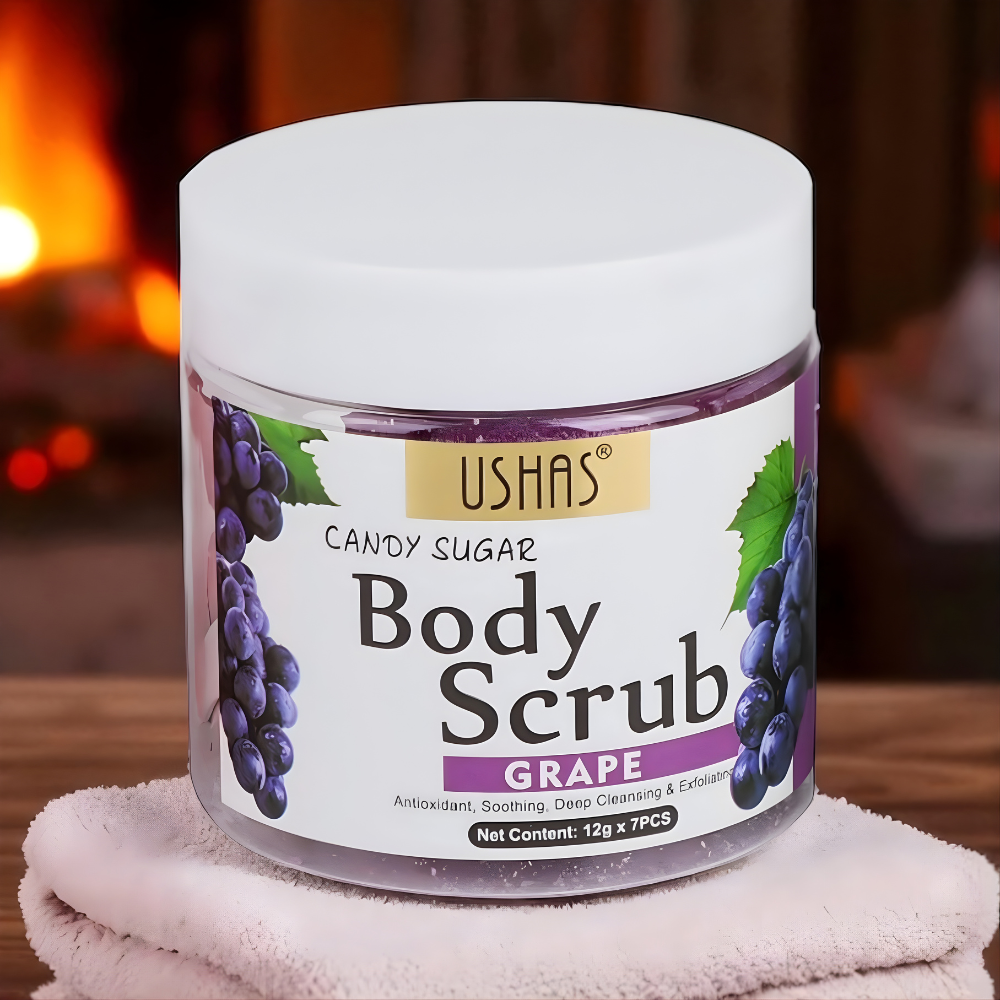 Ushas Body Scrub Candy Sugar cu Piersica – Exfoliere Delicata si Hidratare