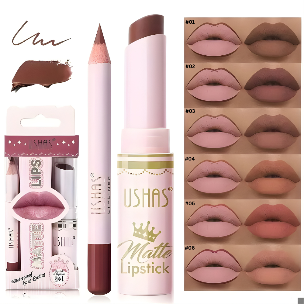 Ruj si creion contur buze Ushas Matte Lips 2 in 1