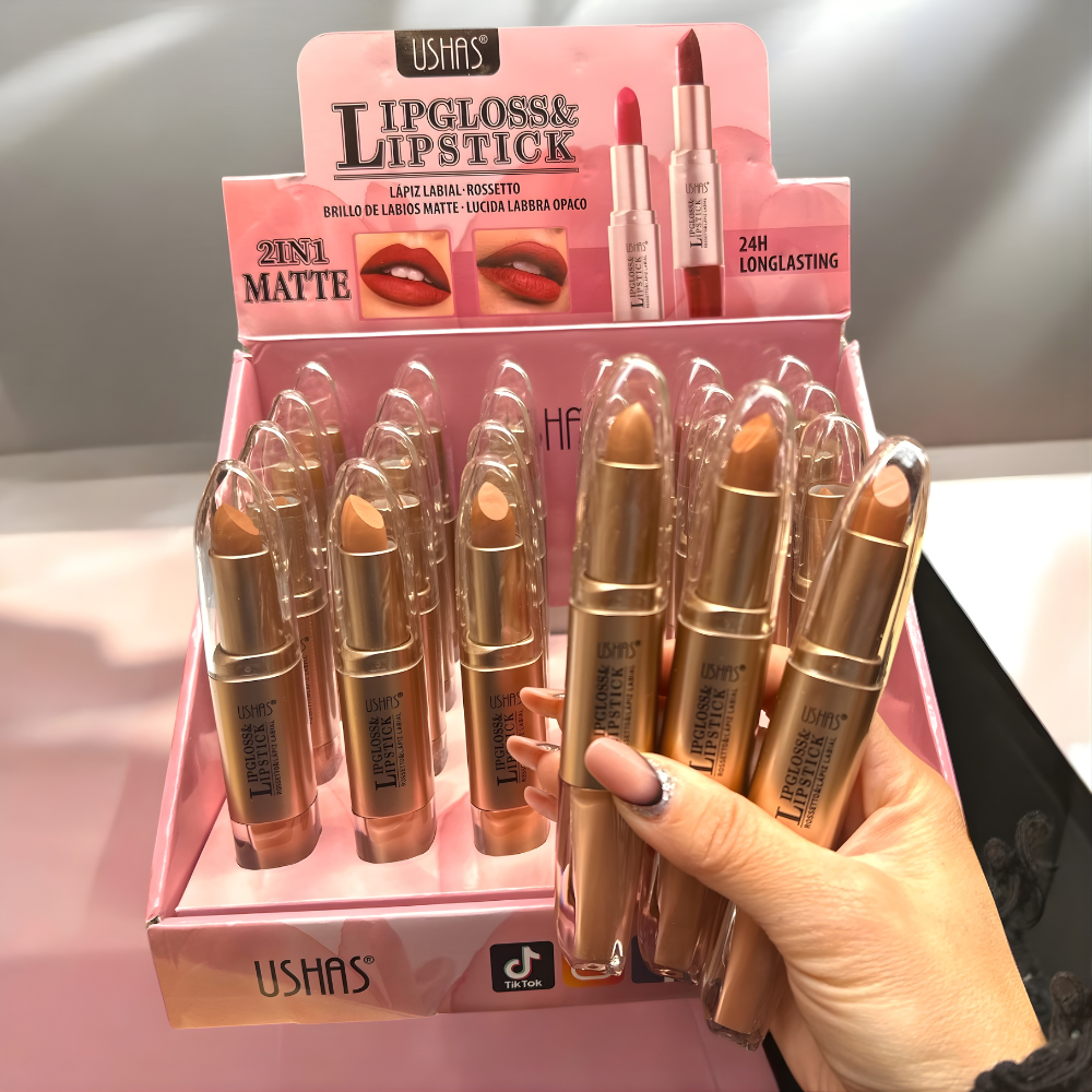 Ruj 2 in 1 mat si lucios USHAS 2538 – Lipstick & Lipgloss pentru buze impecabile, nuante nude