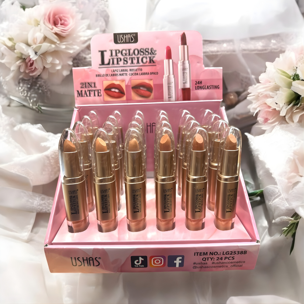 Ruj 2 in 1 mat si lucios USHAS 2538 – Lipstick & Lipgloss pentru buze impecabile, nuante nude