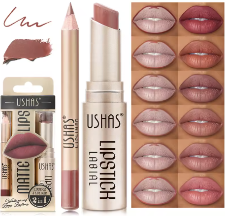 Set ruj si creion contur buze 2 in 1 USHAS Matte Lips Waterproof rezistent la transfer