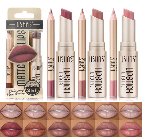 Set ruj si creion contur buze 2 in 1 USHAS Matte Lips Waterproof rezistent la transfer