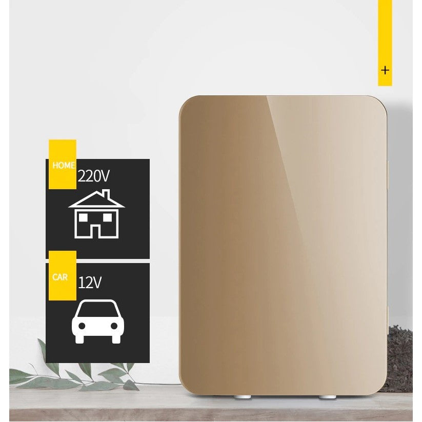Mini frigider cosmetice, Belvia, dubla functie de incalzire/racire, portabil, Exterior -19x28x26 cm, Interior - 14x24x15, cm 8L, gold