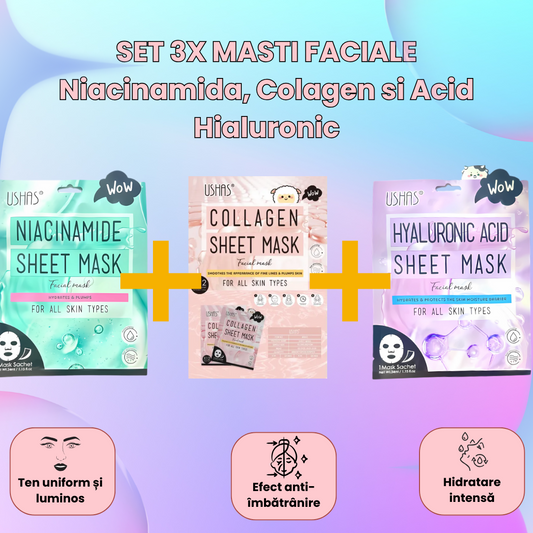 Set 3x Masti Faciale Niacinamida, Colagen si Acid Hialuronic