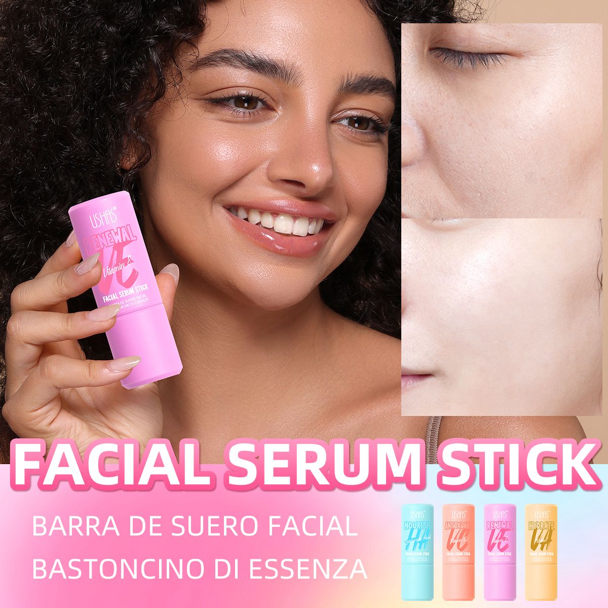 Ushas Facial Serum Stick Renewal – 4 Variante - Vitamina E, Vitamina C, Acid Hialuronic, Retinol