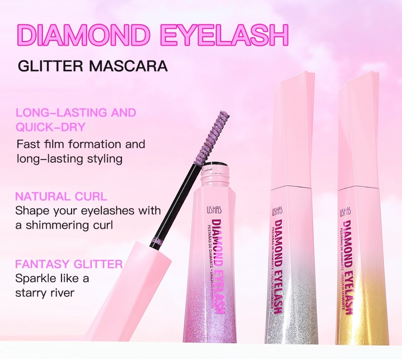 Rimel Colorat cu Glitter Ushas Diamond Eyelash – Gene Stralucitoare 3 Culori