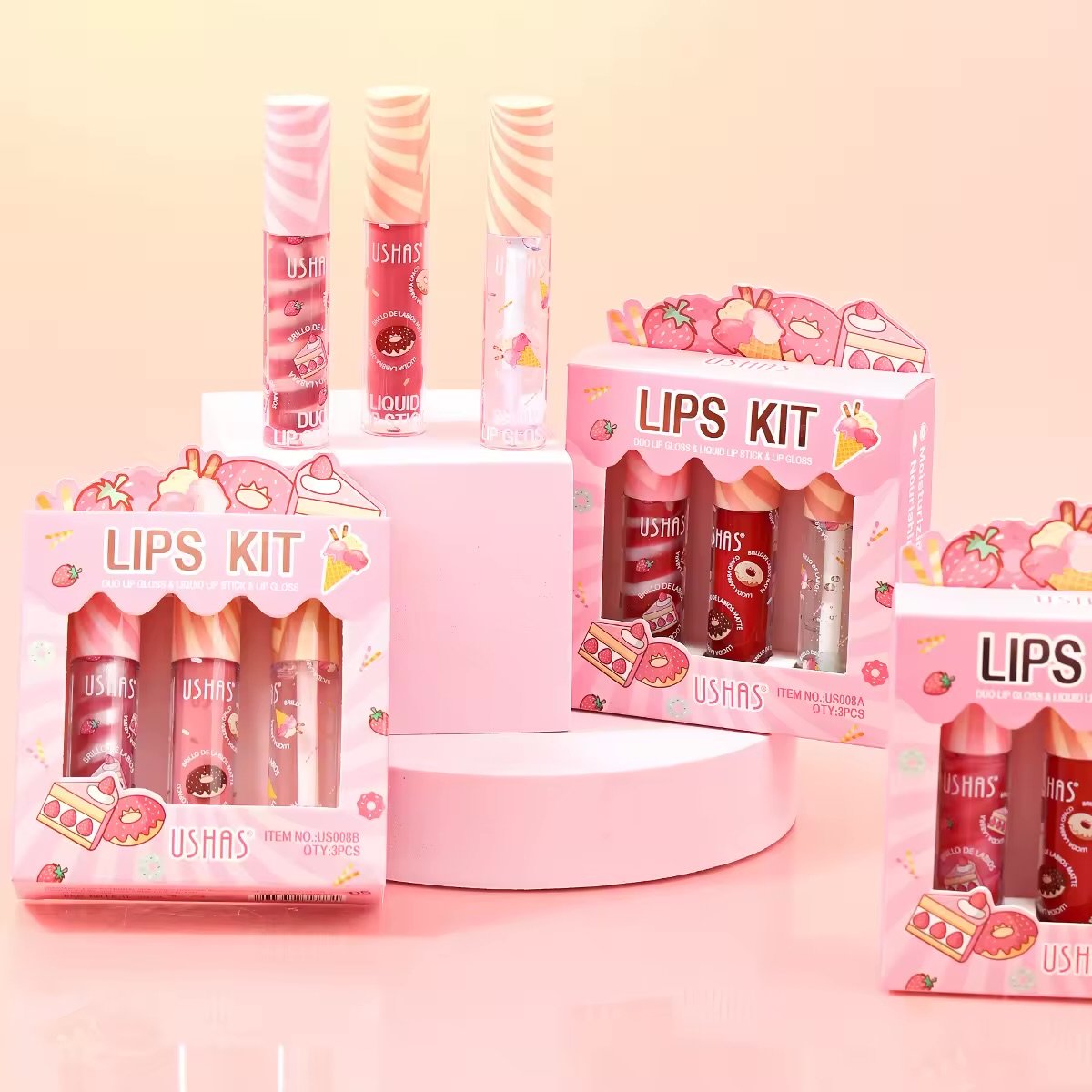 Set ruj lichid si lip gloss Ushas Lips Kit 3 bucati cutie luciu intens si culoare rezistenta