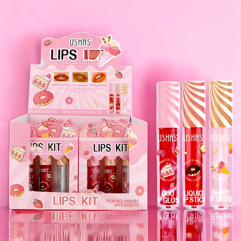 Set ruj lichid si lip gloss Ushas Lips Kit 3 bucati cutie luciu intens si culoare rezistenta