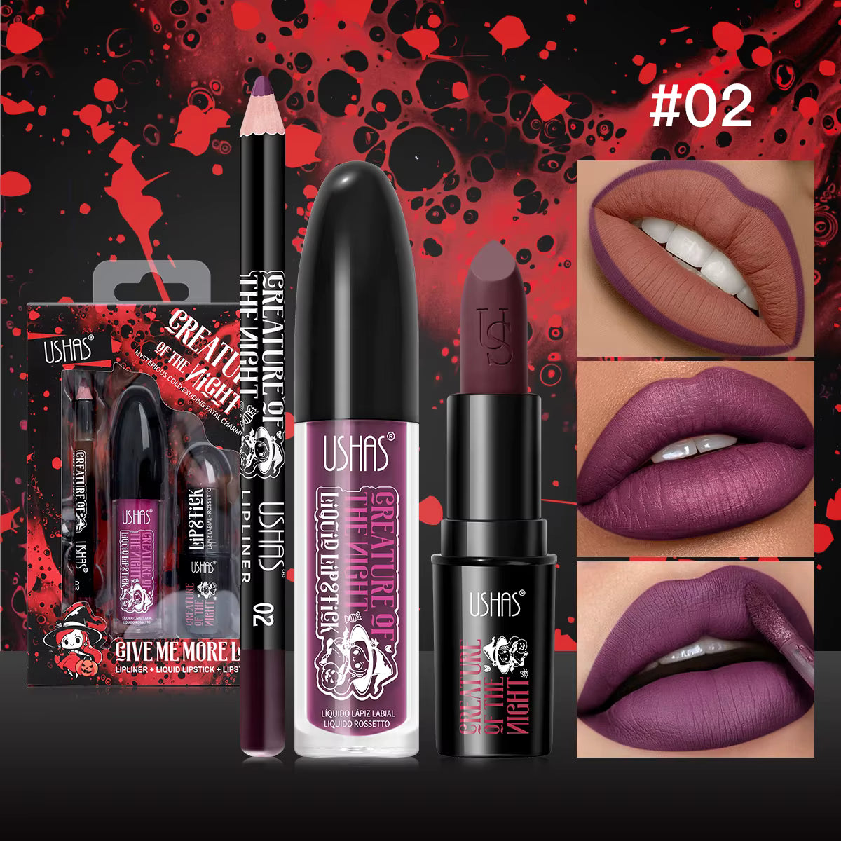 Set 3 in 1 USHAS – Ruj Lichid Mat + Creion Contur + Ruj Solid