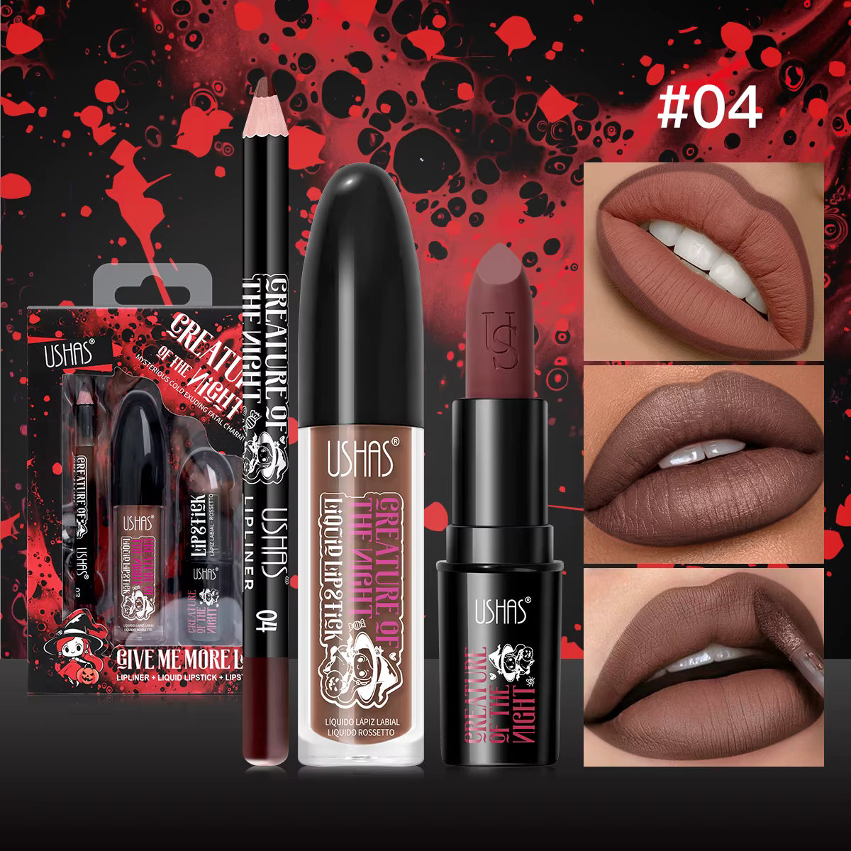 Set 3 in 1 USHAS – Ruj Lichid Mat + Creion Contur + Ruj Solid