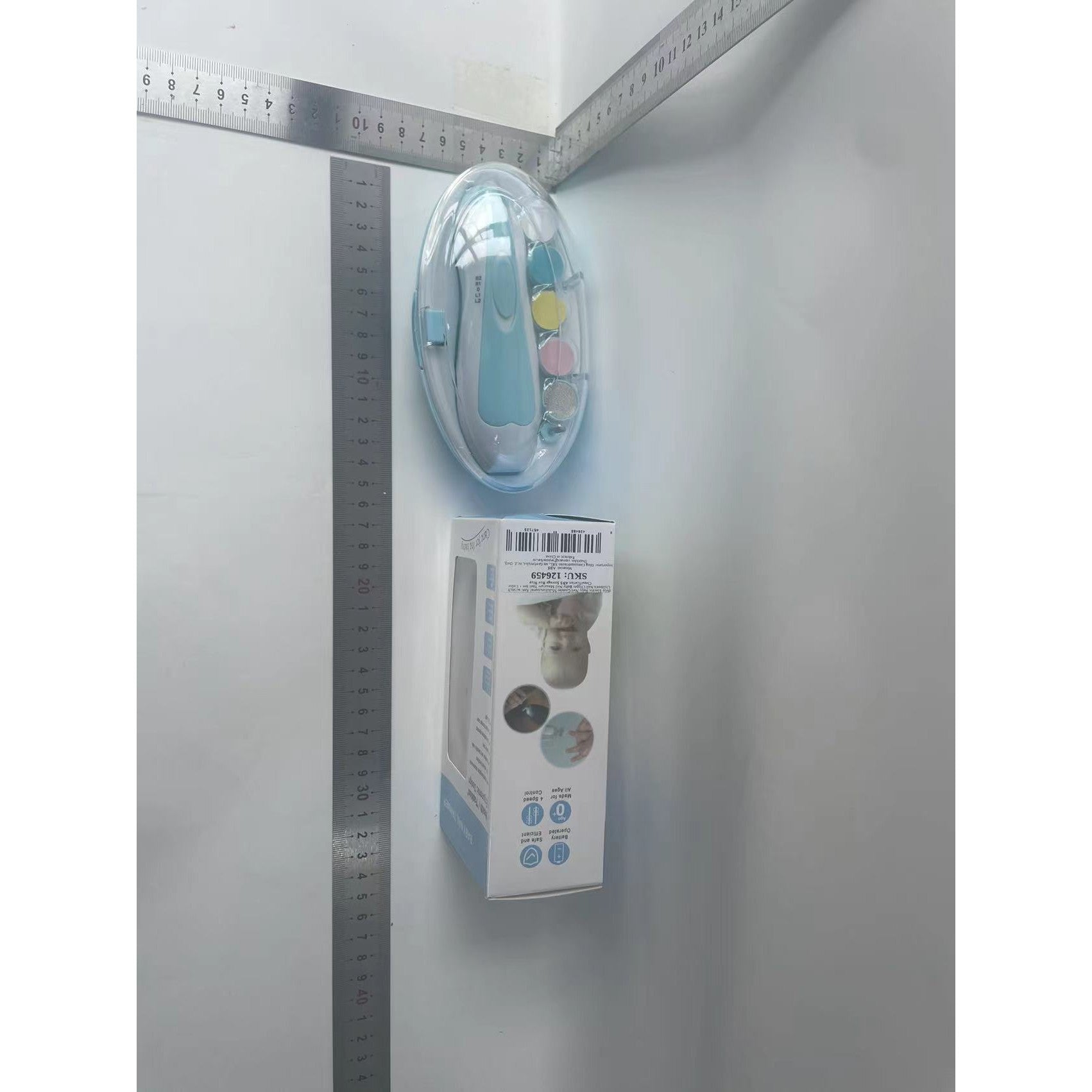 Set Pila Electrica pentru Copii si Bebelusi, Belvia, ABS, 6 Accesorii, cu Lumina LED, Albastru Alb