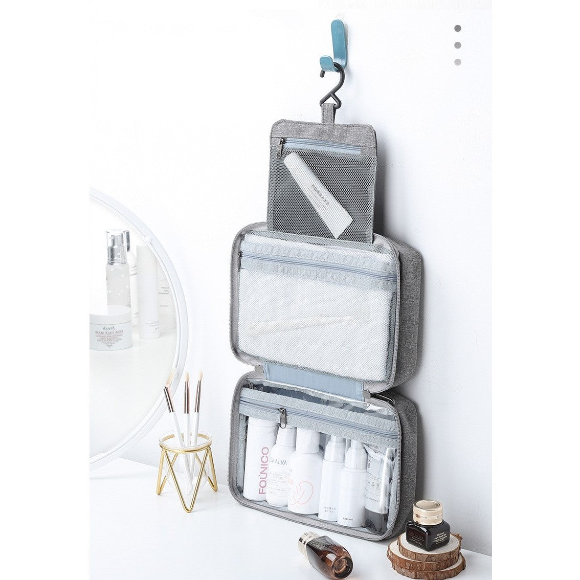 Geanta cosmetice voiaj, Belvia, material textil, impermeabil, Gri, 12.5 x 9 x 22 cm