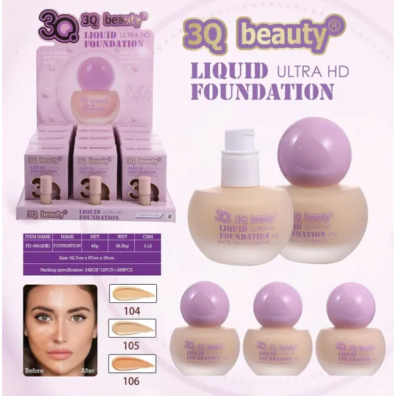 3Q Beauty Fond Ten Lichid Liquid Ultra HD matifiant si uniformizare