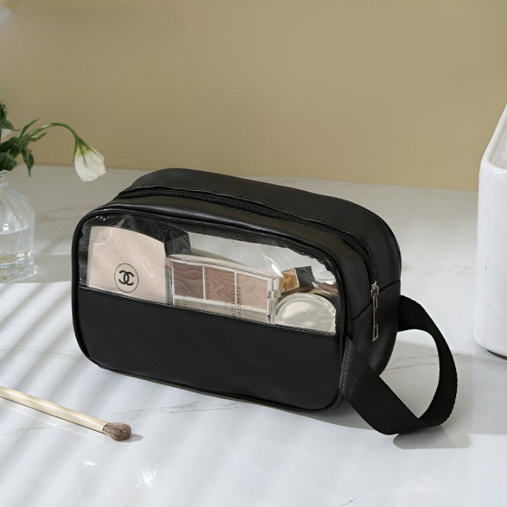 Geanta Cosmetice, Belvia, pentru Voiaj sau Organizare, Material PVC- Textil, Impermeabila, Portabila,22 x 12 x 8 cm, Negru