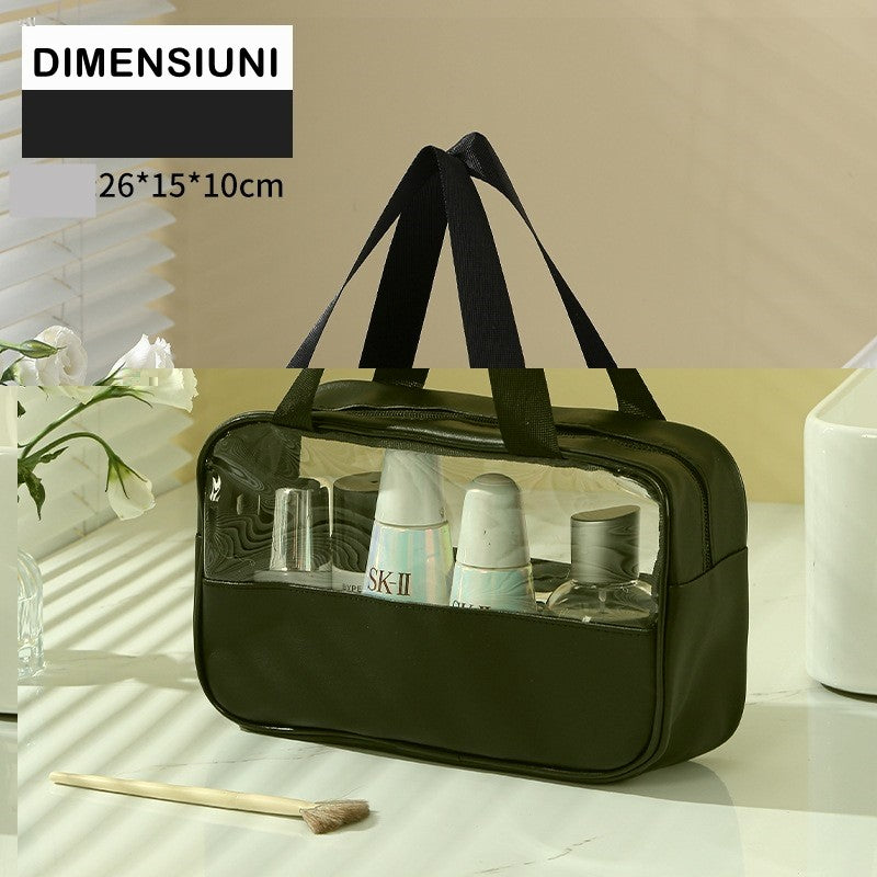 Geanta cosmetice Belvia, pentru voiaj sau organizare, material PVC/textil, impermeabila, portabila, 26 x 15 x 10 cm, negru