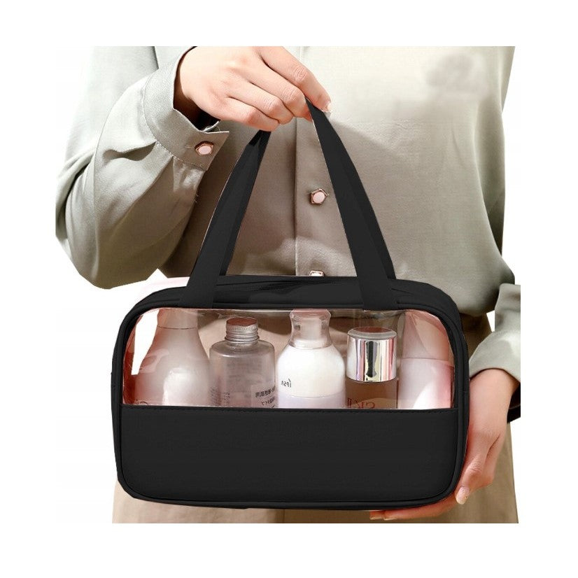 Geanta cosmetice Belvia, pentru voiaj sau organizare, material PVC/textil, impermeabila, portabila, 26 x 15 x 10 cm, negru