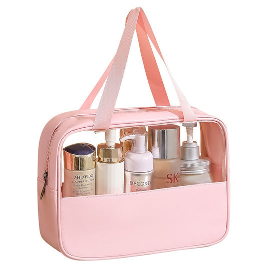 Geanta cosmetice Belvia, pentru voiaj sau organizare, material PVC/textil, impermeabila, portabila, 30 x 21 x 12 cm, roz