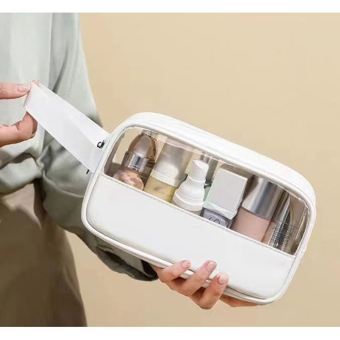 Geanta cosmetice Belvia, pentru voiaj sau organizare, material PVC/textil, impermeabila, portabila, 22 x 12 x 8 cm, alb