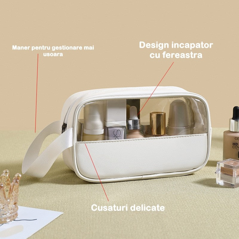 Geanta cosmetice Belvia, pentru voiaj sau organizare, material PVC/textil, impermeabila, portabila, 22 x 12 x 8 cm, alb