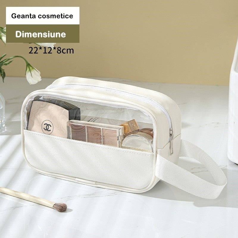 Geanta cosmetice Belvia, pentru voiaj sau organizare, material PVC/textil, impermeabila, portabila, 22 x 12 x 8 cm, alb