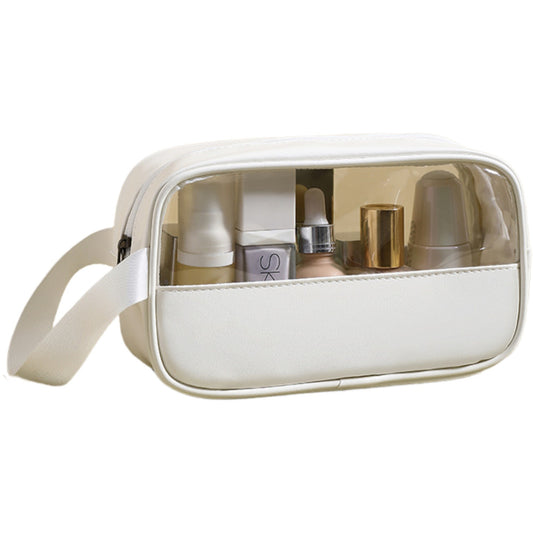 Geanta cosmetice Belvia, pentru voiaj sau organizare, material PVC/textil, impermeabila, portabila, 22 x 12 x 8 cm, alb