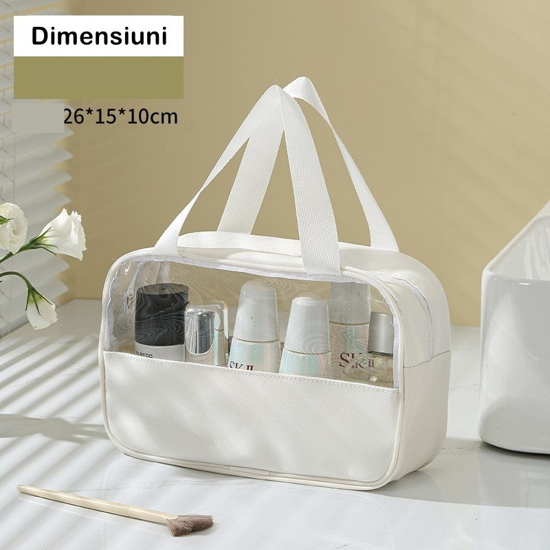 Geanta cosmetice Belvia, pentru voiaj sau organizare, material PVC/textil, impermeabila, portabila, 26 x 15 x 10 cm, alb