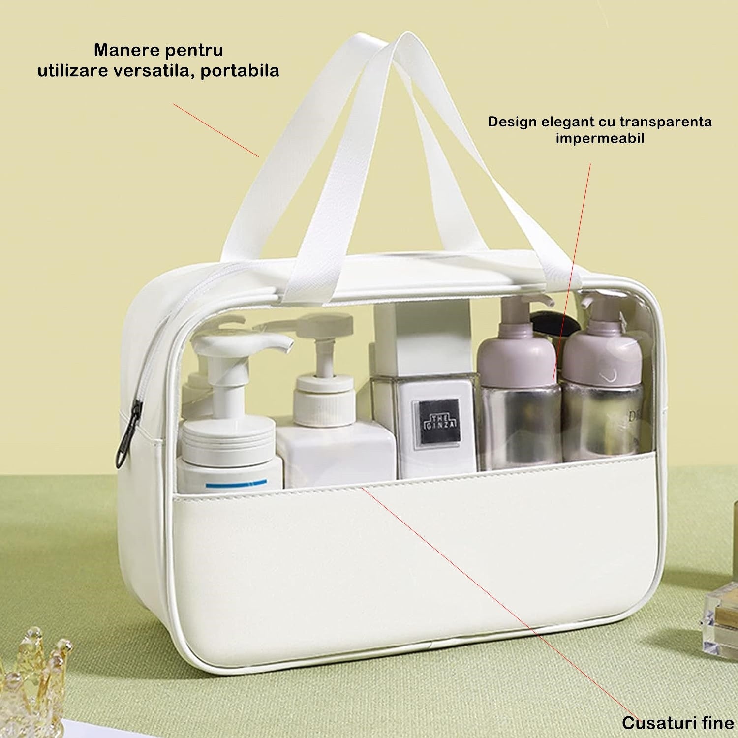 Geanta cosmetice Belvia, pentru voiaj sau organizare, material PVC/textil, impermeabila, portabila, 26 x 15 x 10 cm, alb