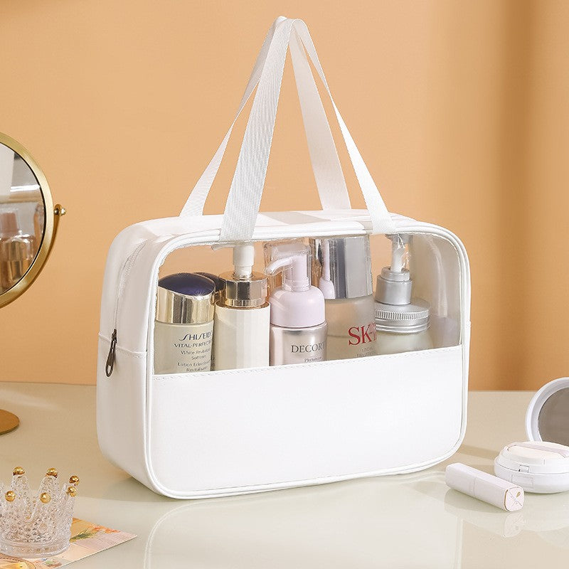 Geanta cosmetice Belvia, pentru voiaj sau organizare, material PVC/textil, impermeabila, portabila, 26 x 15 x 10 cm, alb