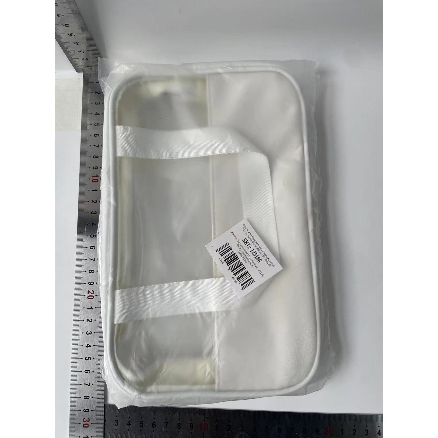 Geanta cosmetice Belvia, pentru voiaj sau organizare, material PVC/textil, impermeabila, portabila, 26 x 15 x 10 cm, alb