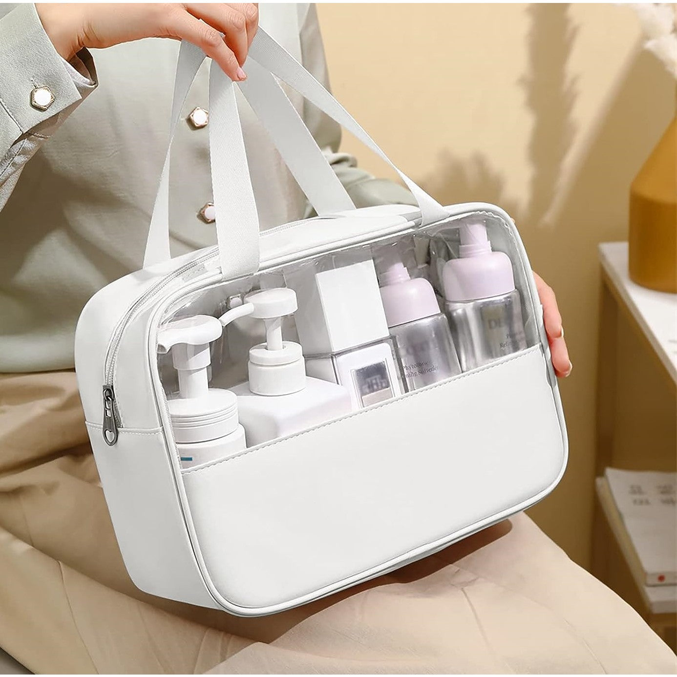 Geanta cosmetice Belvia, pentru voiaj sau organizare, material PVC/textil, impermeabila, portabila, 30x12x21 cm, alb