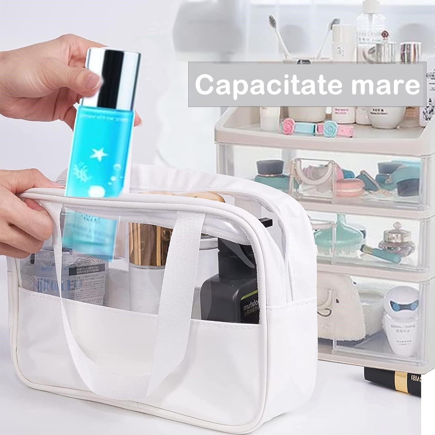 Geanta cosmetice Belvia, pentru voiaj sau organizare, material PVC/textil, impermeabila, portabila, 30x12x21 cm, alb