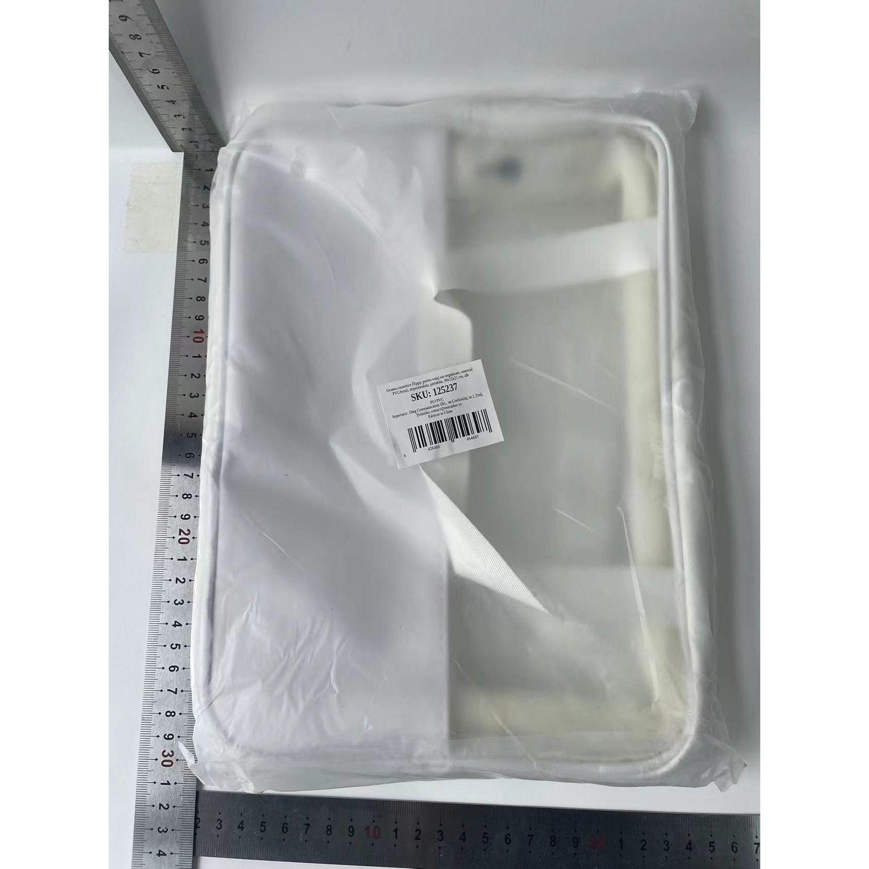 Geanta cosmetice Belvia, pentru voiaj sau organizare, material PVC/textil, impermeabila, portabila, 30x12x21 cm, alb