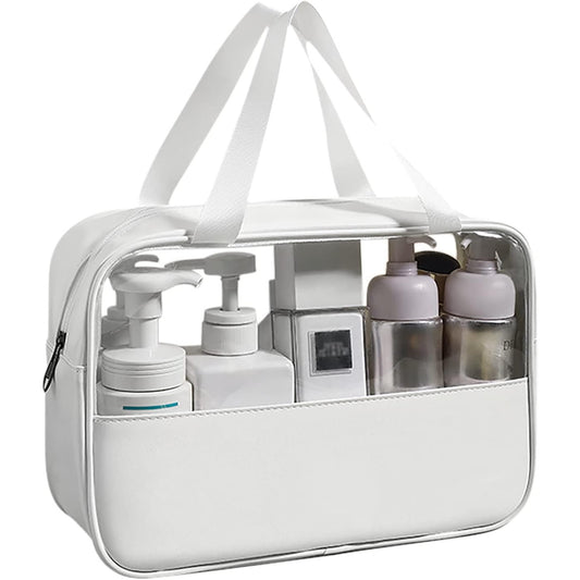 Geanta cosmetice Belvia, pentru voiaj sau organizare, material PVC/textil, impermeabila, portabila, 30x12x21 cm, alb