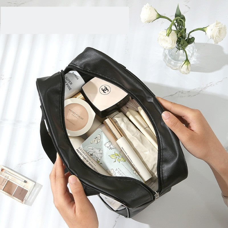 Geanta cosmetice Belvia, pentru voiaj sau organizare, material PVC/textil, impermeabila, portabila, 30X21X12 cm, negru