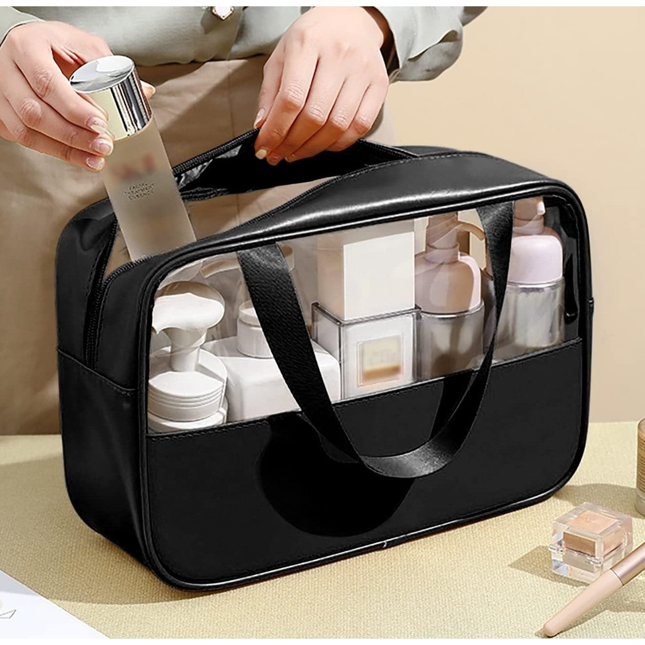 Geanta cosmetice Belvia, pentru voiaj sau organizare, material PVC/textil, impermeabila, portabila, 30X21X12 cm, negru