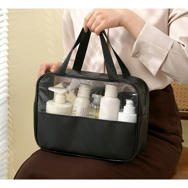 Geanta cosmetice Belvia, pentru voiaj sau organizare, material PVC/textil, impermeabila, portabila, 30X21X12 cm, negru