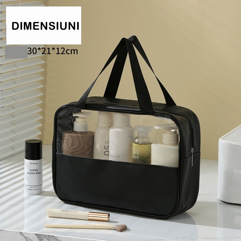 Geanta cosmetice Belvia, pentru voiaj sau organizare, material PVC/textil, impermeabila, portabila, 30X21X12 cm, negru