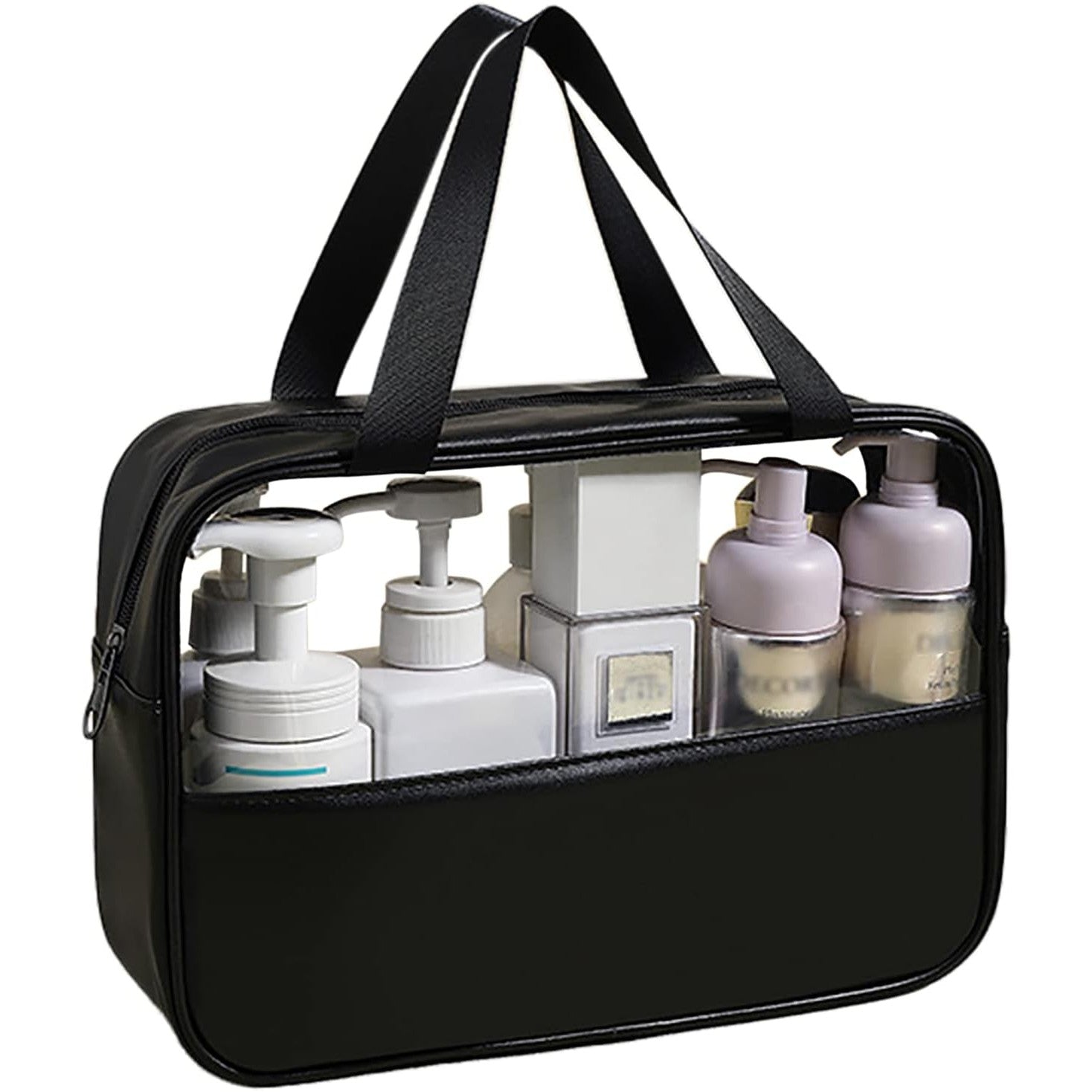 Geanta cosmetice Belvia, pentru voiaj sau organizare, material PVC/textil, impermeabila, portabila, 30X21X12 cm, negru