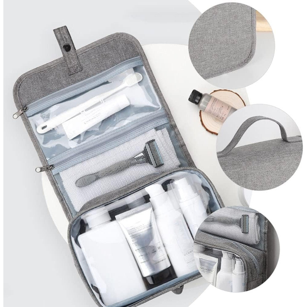 Geanta cosmetice voiaj, Belvia, material panza, impermeabil, 3 compartimente, cu agatatoare, Gri, 47 x 28 x 20   cm