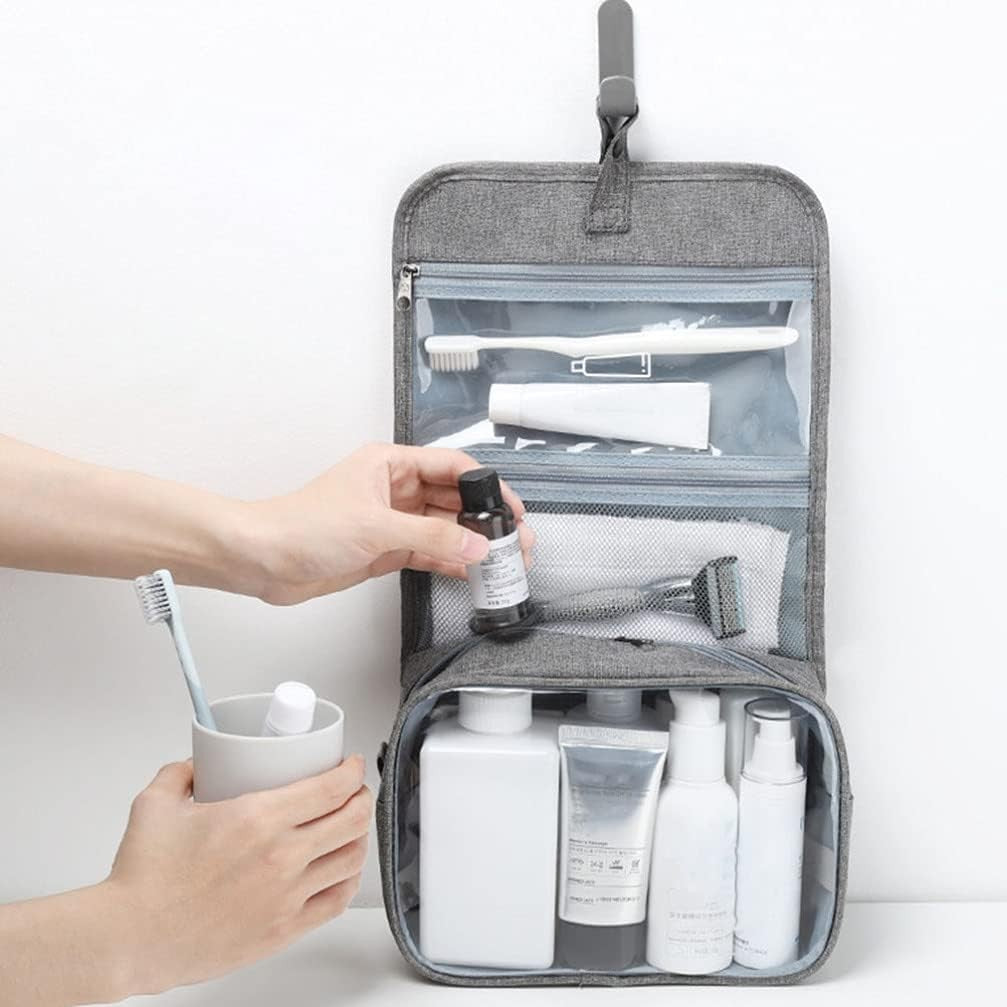 Geanta cosmetice voiaj, Belvia, material panza, impermeabil, 3 compartimente, cu agatatoare, Gri, 47 x 28 x 20   cm