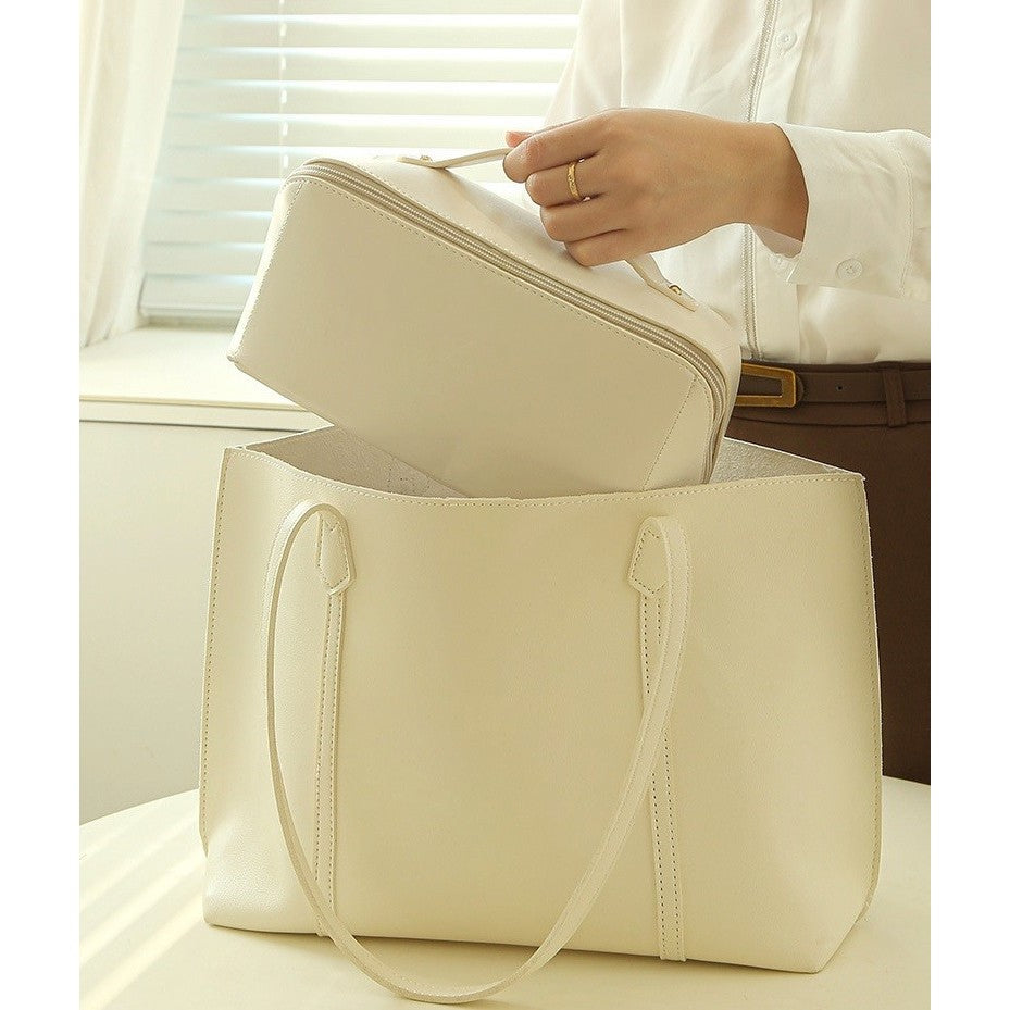 Geanta de Calatorie Belvia, Pentru Cosmetice, Portabila, Impermeabila, din Piele Ecologica, Compartimente Multiple, cu Fermoar, 23 x 11.5 x 10.5 cm, Crem