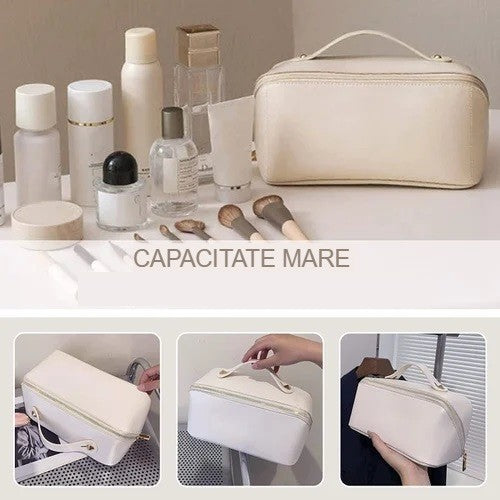 Geanta de Calatorie Belvia, Pentru Cosmetice, Portabila, Impermeabila, din Piele Ecologica, Compartimente Multiple, cu Fermoar, 23 x 11.5 x 10.5 cm, Crem