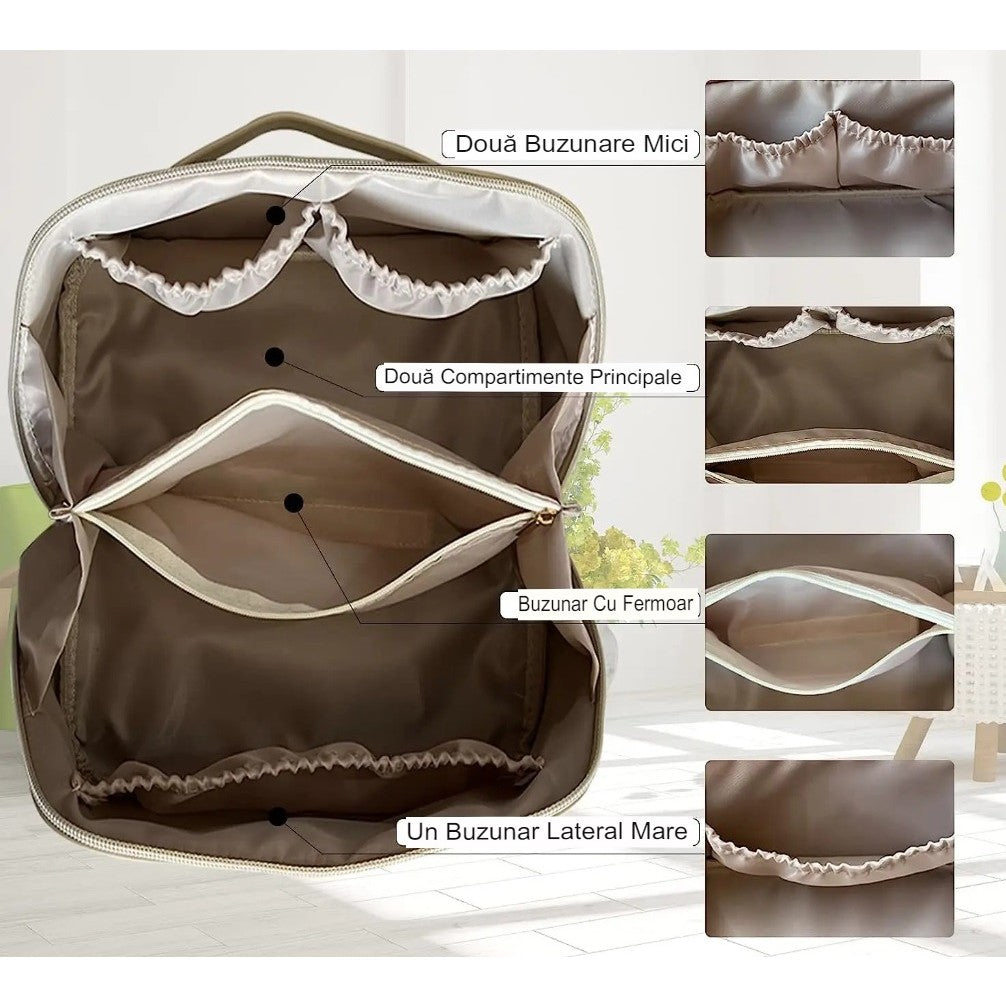 Geanta de Calatorie Belvia, Pentru Cosmetice, Portabila, Impermeabila, din Piele Ecologica, Compartimente Multiple, cu Fermoar, 23 x 11.5 x 10.5 cm, Crem