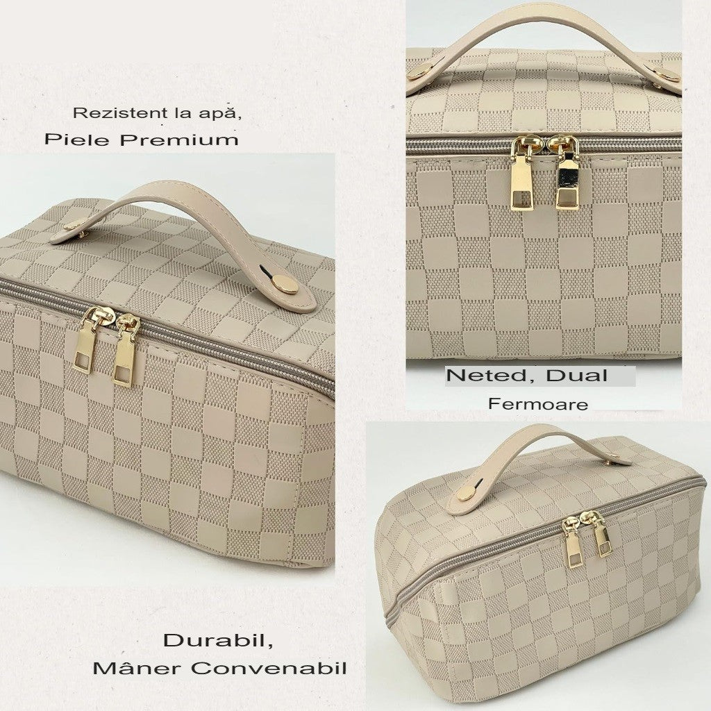 Geanta de Calatorie Belvia, Pentru Cosmetice, Portabila, Impermeabila, din Piele Ecologica, Compartimente Multiple, cu Fermoar, 22 x 13 x 12.5 cm, In Carouri, Alb