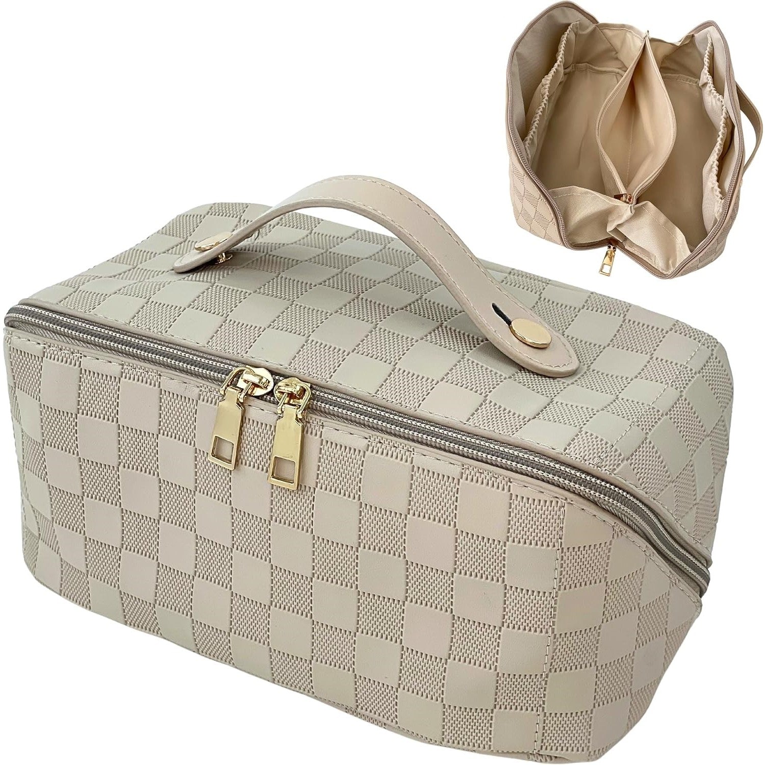 Geanta de Calatorie Belvia, Pentru Cosmetice, Portabila, Impermeabila, din Piele Ecologica, Compartimente Multiple, cu Fermoar, 22 x 13 x 12.5 cm, In Carouri, Alb