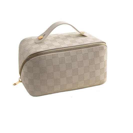 Geanta de Calatorie Belvia, Pentru Cosmetice, Portabila, Impermeabila, din Piele Ecologica, Compartimente Multiple, cu Fermoar, 22 x 13 x 12.5 cm, In Carouri, Alb