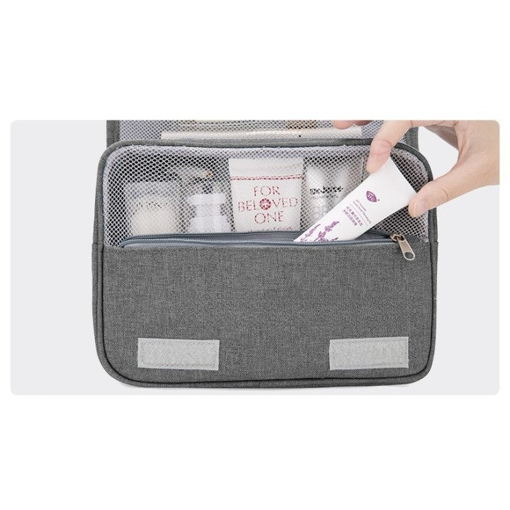 Geanta cosmetice voiaj, Belvia, material panza, impermeabil, 3 compartimente, cu agatatoare, Gri, 47 x 28 x 20   cm